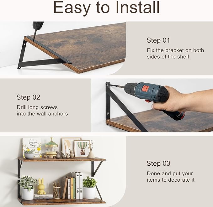 10 Inch Deep Floating Shelves, Floating Shelf 16 Inch Long, 16"W x 10"D Wall Shelves Set of 2, Deep Shelf for Books, Wide Floating Shelves for Bahtoom, Living Room, Kitchen, Rustic Brown-HomvellaHome