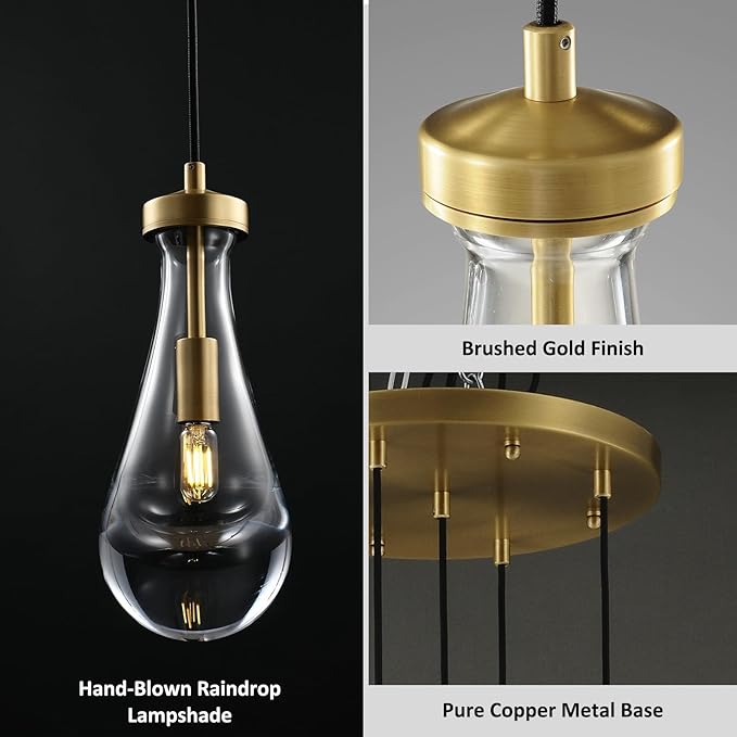 Gold 5 Light Cluster Pendant Lighting, Raindrop Chandeliers Brass Dining Room Lights Fixture, Teardrop Pendant Lights Kitchen Island, Hanging Lamp Ceiling for Entryway Foyer Staircase-HomvellaHome