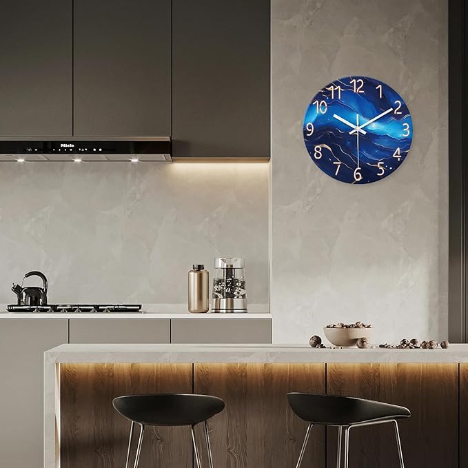 Glass Blue Wall Clocks Battery Operated 16 Inch Marble Pattern Big Clock for Office Abstract Silent Wall Clock Non Ticking-HomvellaHome