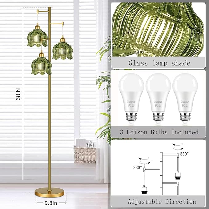 Gold Floor Lamp for Living Room,Bedroom,Mid Century Modern Standing Lamp Brass Tree 3 Light Tall Floor Lamps Vintage Retro Floor Lights Glass Green Flower Lamp Shade Farmhouse Boho Bohemian-HomvellaHome