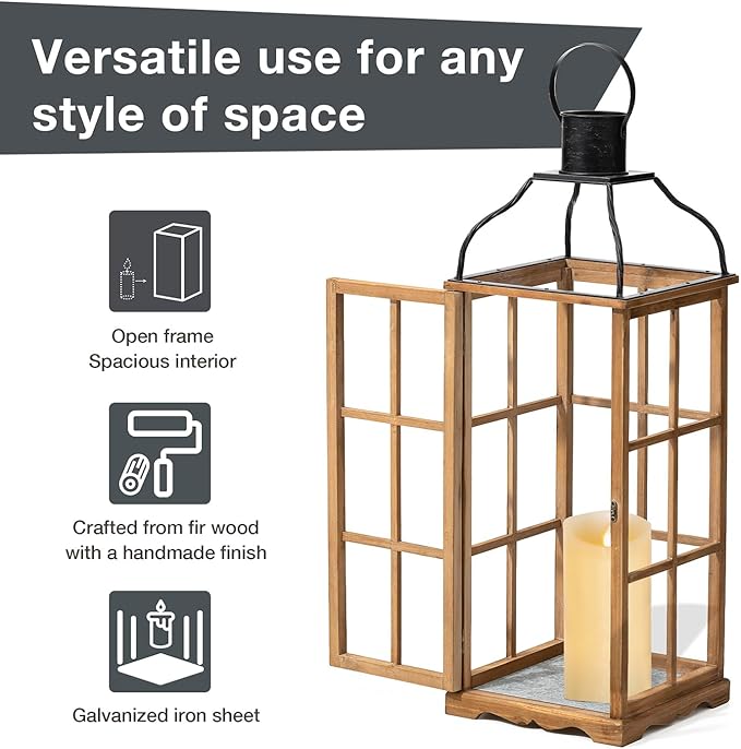 Glitzhome Set of 2 Oversized Farmhouse Wood Lanterns with Metal Top Decorative Hanging Candle Lanterns for Home Décor, Natural (No Glass)-HomvellaHome