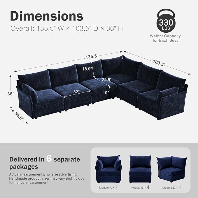 135.5" Oversized Modular Sectional Sofa, L Shaped Convertible Couch with Movable Ottoman, Large 6 Seat Corner Couches for Living Room Deep Seat Blue Chenille-HomvellaHome