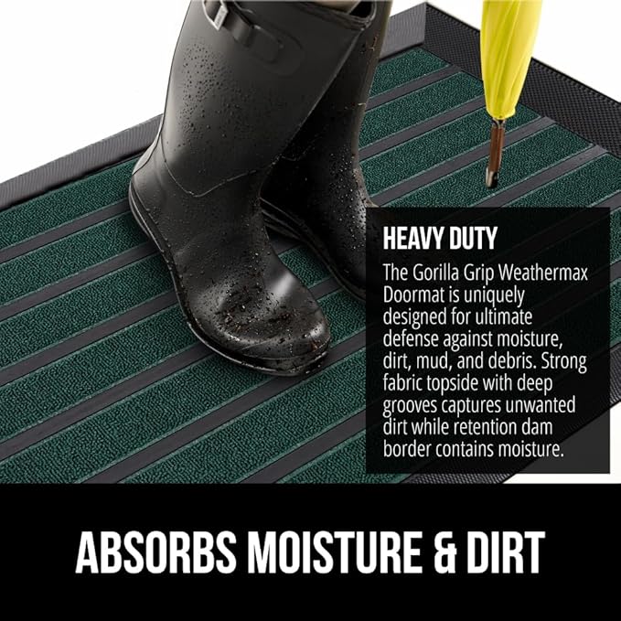 GORILLA GRIP 100% Waterproof All-Season WeatherMax Doormat US Designed Natural Rubber, Stain and Fade Resistant, Low Profile Indoor Outdoor Door Mats, Easy Clean Patio Mat, 23x35, Green Stripe-HomvellaHome