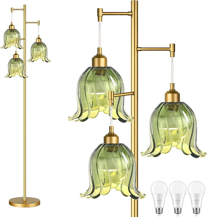 Gold Floor Lamp for Living Room,Bedroom,Tree 3 Light Standing Lamp Mid Century Modern Brass Tall Floor Lamps Vintage Retro Floor Lights Green Glass Flower Lamp Shade Farmhouse Boho Bohemian-HomvellaHome