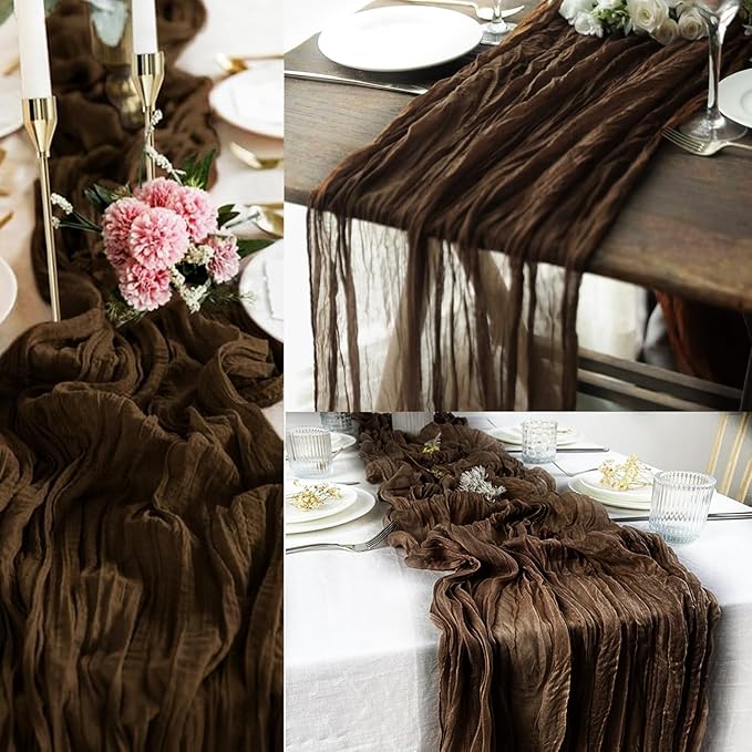10FT 12 Pack Brown Cheesecloth Table Runner 20 x 120 Inch Long Boho Fabric Rustic Cheese Cloth Table Runner for Wedding Bridal Shower Baby Shower Gauze Sheer Birthday Party Table Decorations-HomvellaHome