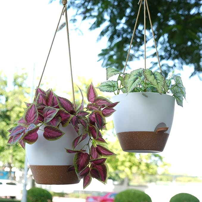 10 Inch Self Watering Hanging Pots, 2 Pack Hanging Planters with 40oZ Deep Reservior for Indoor Outdoor Plants Flowers, White with Brown-HomvellaHome