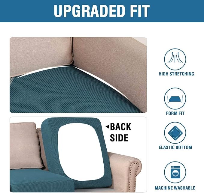 H.VERSAILTEX Super Stretch Individual Seat Cushion Covers - Sofa & Couch Cushion Slipcover Sets - Thick Jacquard Textured Twill Fabric (3 Piece XL Sofa Cushion Covers, Deep Teal)-HomvellaHome