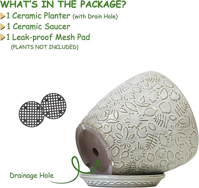 10inch Retro Ceramic Planter with Drainage Hole and Saucer for Multiple Plants, Indoor-Outdoor Garden Pots for Succulent, Orchid, and Flower (Fits Inner Pots Up to 9 Inch, Retro White)-HomvellaHome