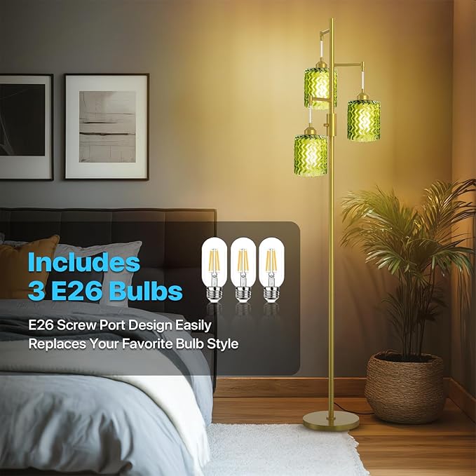 Gold Floor Lamp for Living Room, Vintage 3-Light Green Glass Standing Lamp, Brass Base Mid Century Modern, Retro Tree Design Tall Floor Lamps-HomvellaHome