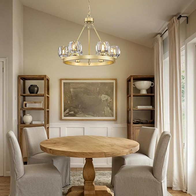 Gold Wagon Wheel Chandelier, 24 Inch Brass Chandeliers with Unique Glass Shade, 6-Light Crystal Farmhouse Wagon Wheel Chandeliers for Dining Room, Round Chandelier for Living Room, Foyer, Entryway-HomvellaHome