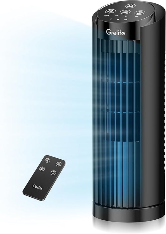 Grelife 13'' Tower Fan for Bedroom, 26dB Quiet Floor Fan with Remote, 3 Mode, 1-8H Timer, 90° Oscillating Fans for Indoors with 27ft/s Velocity, Portable Desk Table Fan for Room, Home, Office,Black-HomvellaHome