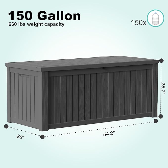 150Gal Outdoor Deck Box Waterproof, Lager Patio Storage Box Indoor and Outdoor Use, Lockable Resin Storage Bin for Patio Furniture Cushions Garden Tools, Package Delivery,UV Resistant-Black-HomvellaHome