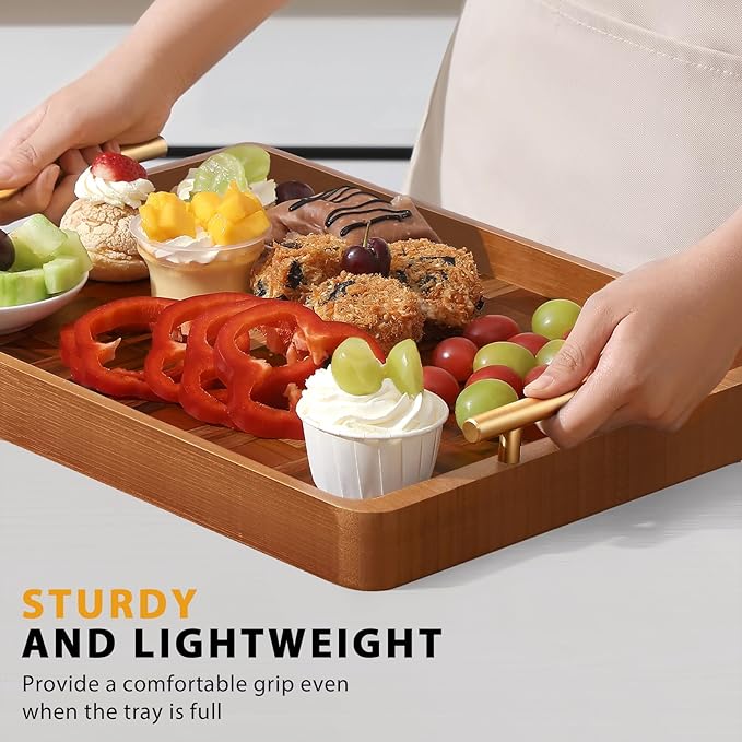 Wooden Serving Tray with Handles Mat, Decorative Coffee Table Trays, Wood Ottoman Tray for Serving Food Drink Breakfast Dinner,1 Pcs-HomvellaHome