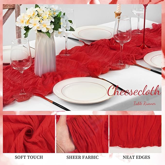 12 Pack Red 10FT Cheesecloth Table Runner Rustic Gauze Fabric Cheese Cloth Table Runner for Wedding Bridal Baby Shower Table Decor Boho Sheer Birthday Party Table Decorations 20 x 120 Inch Long-HomvellaHome