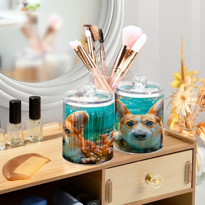 2 Pack Qtip Holder Organizer Dispenser Corgi Dog Underwater Bathroom Storage Canister Cotton Ball Holder Container for Cotton Pads/Swabs/Floss-HomvellaHome