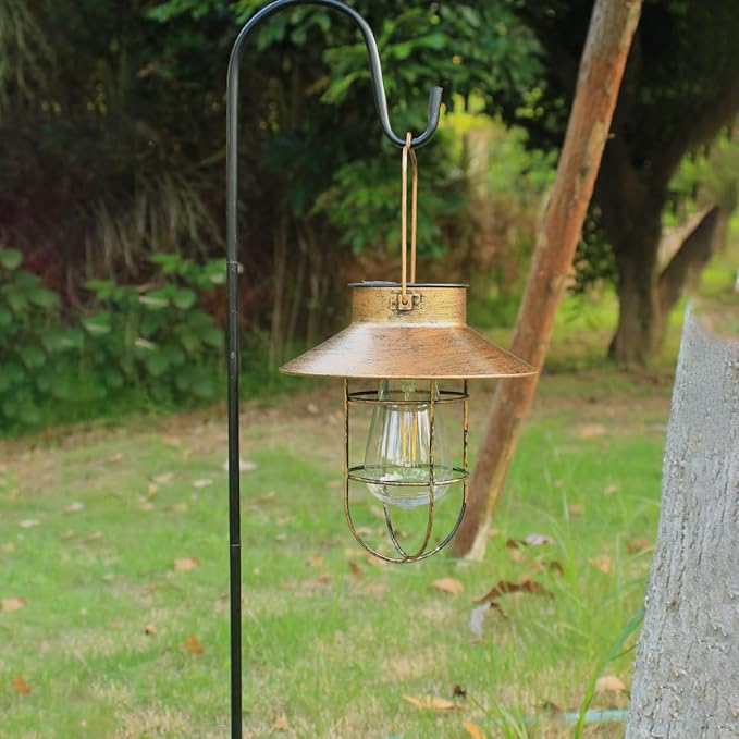 2 Pack Solar Lanterns, Outdoor Hanging Lights Metal with Shepherd Hook Warm White Edison Bulb Design for Garden and Birthday Gifts for Mom Grandma Wife ( Copper)-HomvellaHome