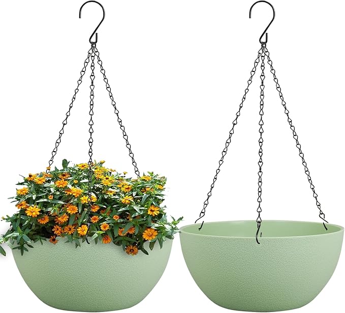 13 inch Large Hanging Planters Plant Pots for Outdoor Indoor Plants with Drainage Holes and Chain, 2 Pack Round Hanging Flower Pots for Garden Home Porch Decor, Green-HomvellaHome