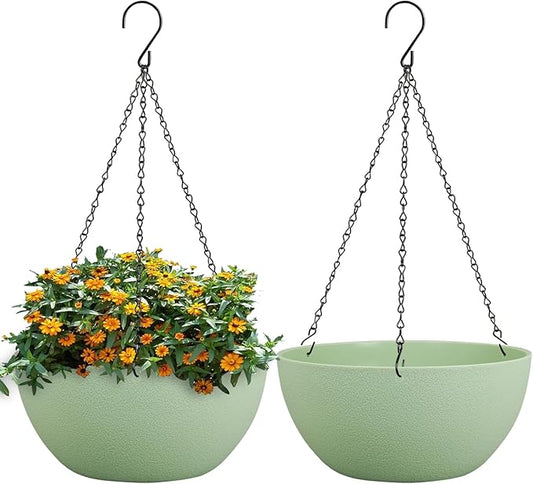 13 inch Large Hanging Planters Plant Pots for Outdoor Indoor Plants with Drainage Holes and Chain, 2 Pack Round Hanging Flower Pots for Garden Home Porch Decor, Green-HomvellaHome