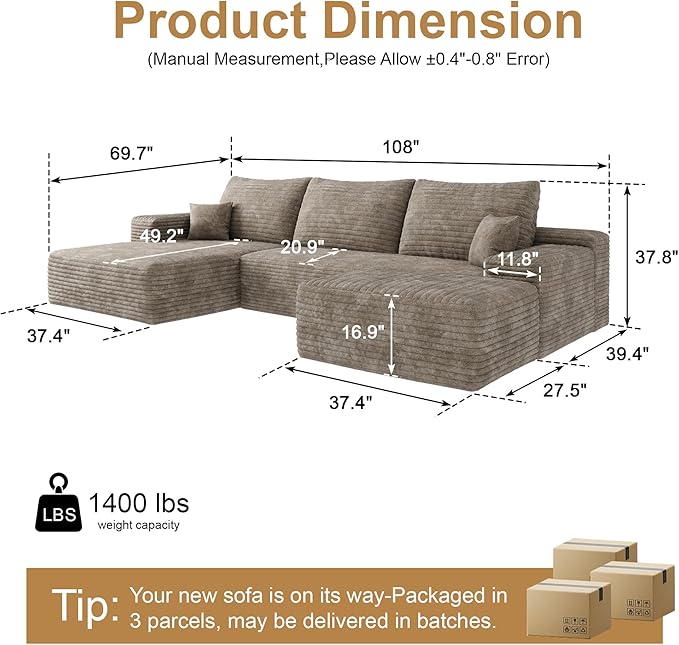 108" Sectional Couches for Living Room Modern Modular Sofa with L-Shape Couchs Upholstered Boneless Couch Deep Seat Sectional Couch with Chaise (Camel, Left Facing Chaise+2Seaters+1Ottoman)-HomvellaHome