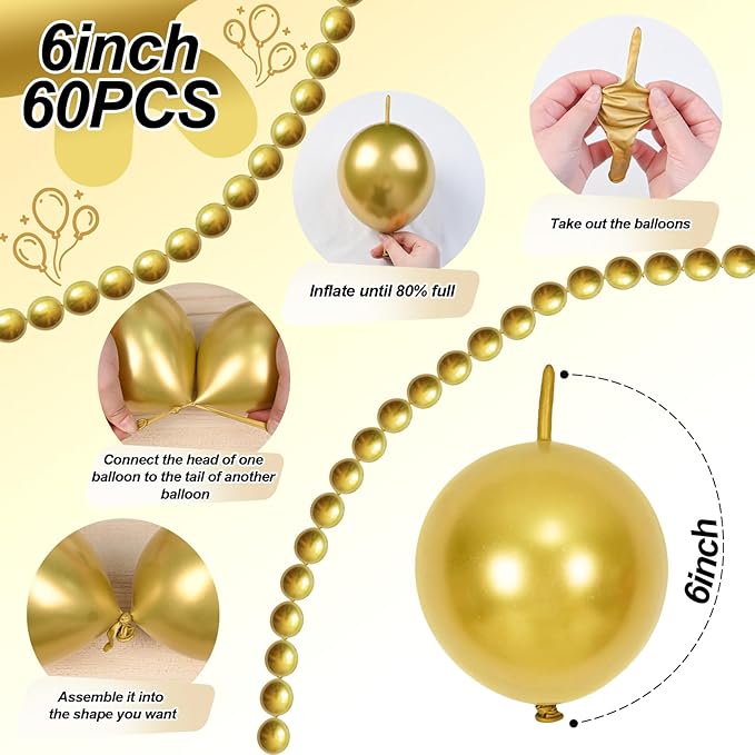 Gold Quick Link Balloons, 60PCS Linking for Balloon Wall Arch Chains, 6inch Linkable for Wedding Birthday Baby Shower Engagement Graduation Party Decorations-HomvellaHome