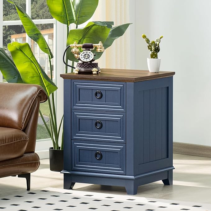 18" Farmhouse Night Stand with 3 Drawers, Wood End Table Dresser for Bedroom, Navy Blue Nightstand, Bed Side Table with Metal Handle, Bedside Cabinet for Bedroom Living Room, Closet-HomvellaHome