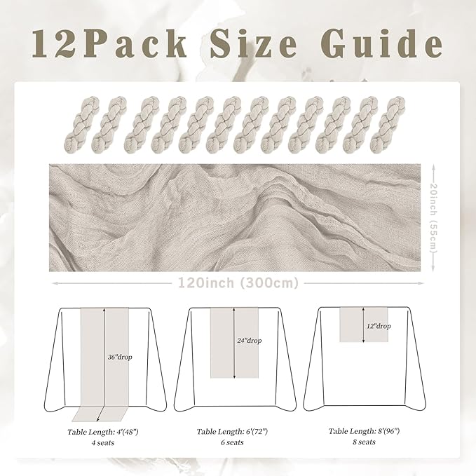 12 Pack Rose Brown Cheesecloth Table Runner 10FT Rustic Gauze Fabric Cheese Cloth Table Runner for Wedding Bridal Baby Shower Table Decor Boho Sheer Birthday Party Table Decorations 20 x 120 Inch Long-HomvellaHome