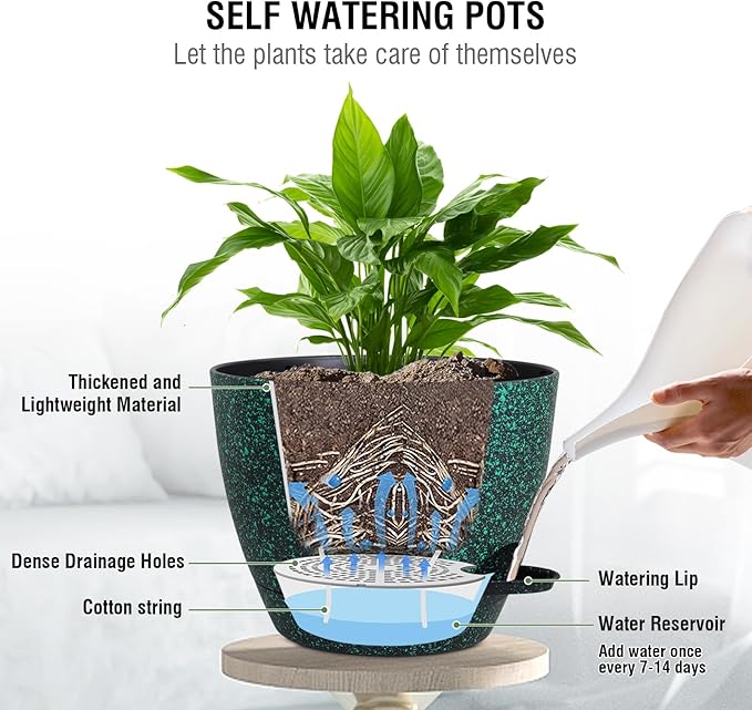 10 inch Self Watering Hanging Planters, 2 Pack Hanging Flower Pots for Indoor Outdoor Plants, Hanging Baskets with Drainage Holes & 2 Kinds of Plant Hangers for Home Decor, Speckled Black-HomvellaHome