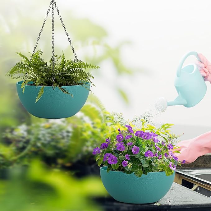 10 inch Hanging Planters for Outdoor Indoor Plants with Drainage Holes and Chain, 2 Pack Round Hanging Flower Pots for Garden Home Porch Decor, Blue Green-HomvellaHome