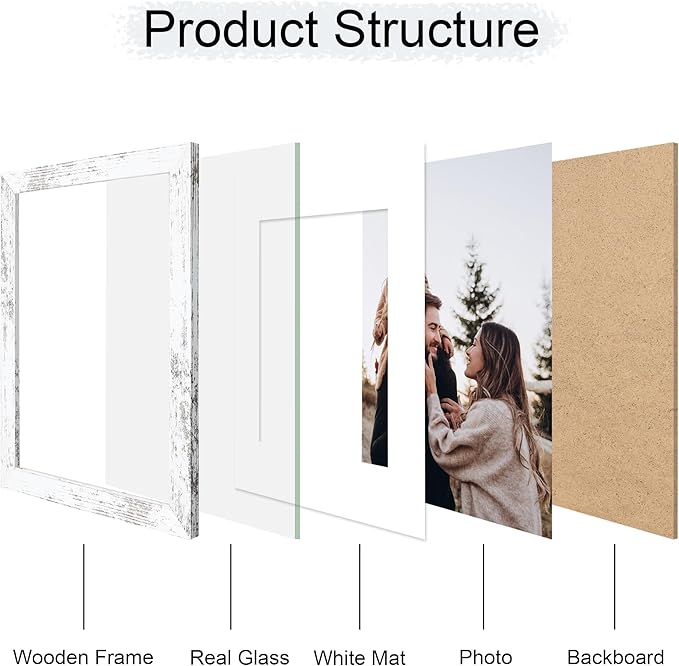 11x14 Picture Frame Set of 4, 11 x 14 Wood Photo Frames with Mat for 8x10, Rustic Natural Wooden Frame with Real Glass Cover for Wall and Tabletop Display,Distressed White-HomvellaHome
