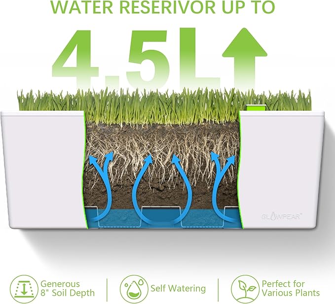 Glowpear Self Watering Railing Planter Box - 23.6", White - UV Stable, Scalable Plant Pot with Water Gauge, Indoor Outdoor for Vegetables, Flowers, Herbs, and Succulents-HomvellaHome