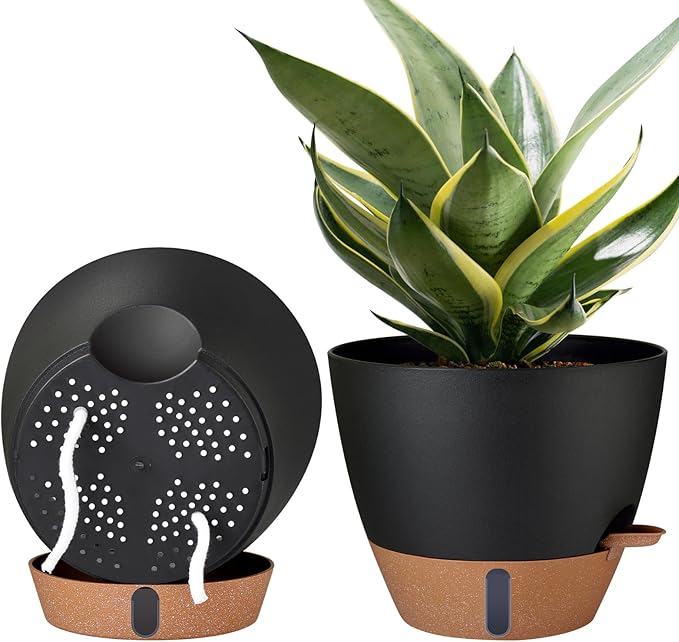 2 Pack 10 inch Plant Pots, PP Plastic Self Watering Plant Pot with Drainage and Tray for Indoor Outdoor Plants , Water Level Window & Reservoir Flower Pots Decorative Planter (Black, 10 Inch)-HomvellaHome