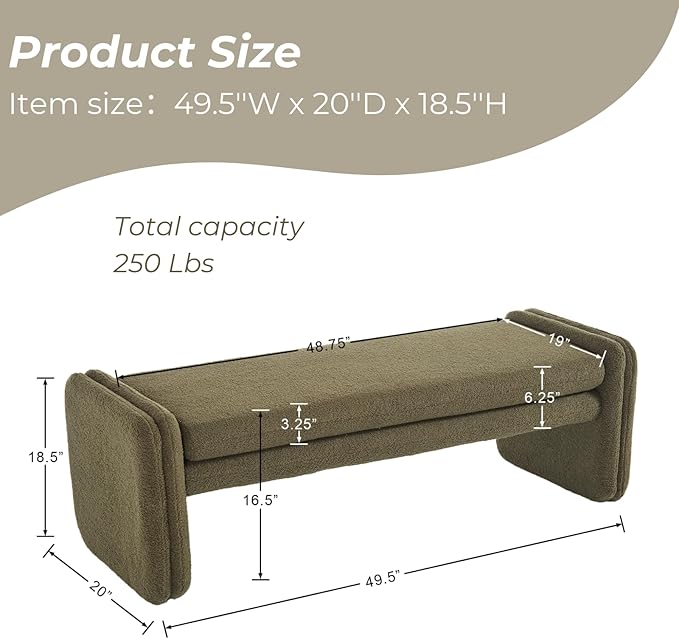 Green Boucle Bench 50" Sherpa End of Bed Bench Modern Upholstered Bench for Bedroom Entryway Living Room Vanity Makeup Room, Teddy Fabric Bench with Seating-HomvellaHome
