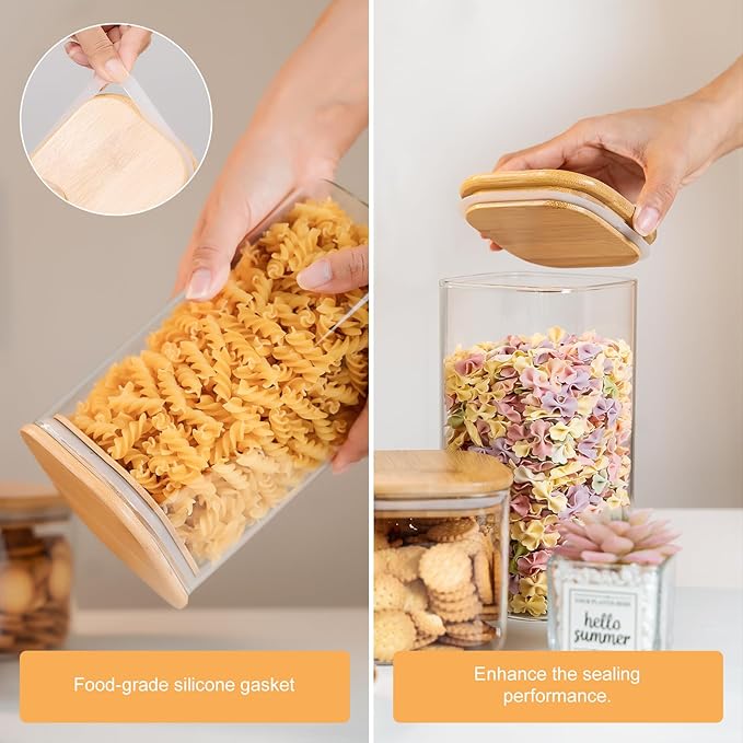 Glass Storage Jars 6 Pack -50oz (10cmx20cm)Clear Glass Food Storage Containers with Airtight Bamboo Lid Stackable Kitchen Canisters for Candy,Cookie,Rice,Sugar,Flour,Pasta,Nuts and Spice Jars(Square)-HomvellaHome