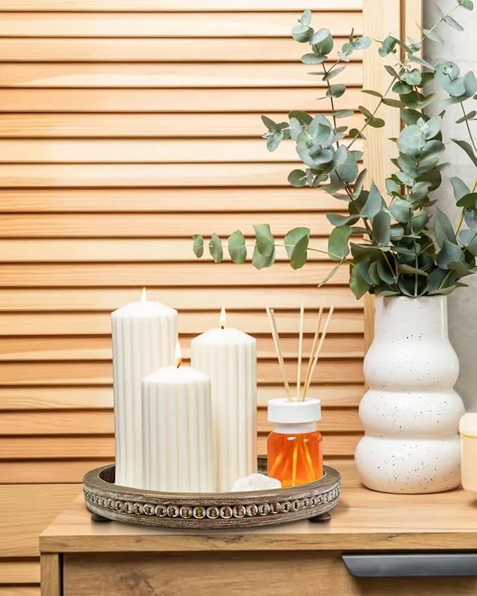 12 Inches Rustic Wooden Decorative Tray, Small Round Beaded Wood Tray for Kitchen Dinning Table Centerpiece Decor Entryway Living Room Home Decor, Brown-HomvellaHome