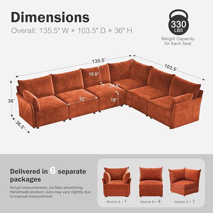 135.5" Oversized Modular Sectional Sofa, L Shaped Convertible Couch with Movable Ottoman, Large 6 Seat Corner Couches for Living Room Deep Seat Terracotta Orange Chenille-HomvellaHome