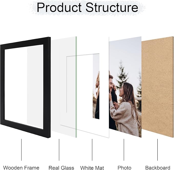 11x14 Picture Frame Set of 4, 11 x 14 Wood Photo Frames with Mat for 8x10, Wooden Frame with Real Glass Cover for Wall and Tabletop Display,Black-HomvellaHome