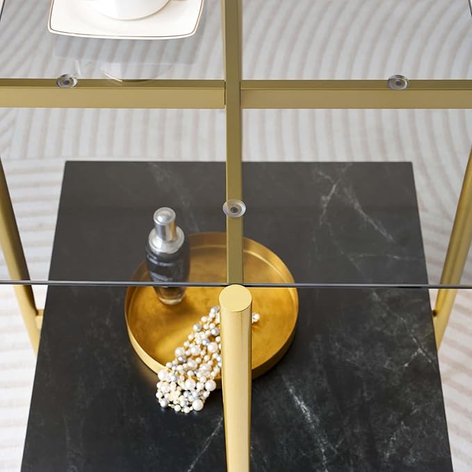 Glass End Table, Mid-Century Modern Design Sofa Table, for Living Room, L18 x W18 x H23 in, Clear Glass Top and Walnut MDF Shelf, Sleek Conical Metal Legs with Gold Finish Frame-HomvellaHome