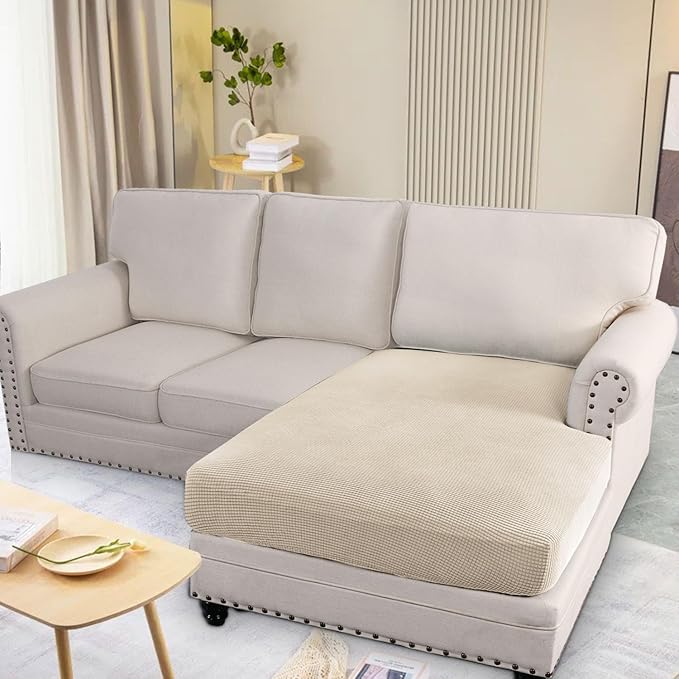H.VERSAILTEX Super Stretch Individual Chaise Cover Sectional Couch Covers for L Shaped Sofa Both Left/Right Featuring Thick Jacquard Textured Twill Fabric (1 Piece Chaise Cover Large, Natural)-HomvellaHome