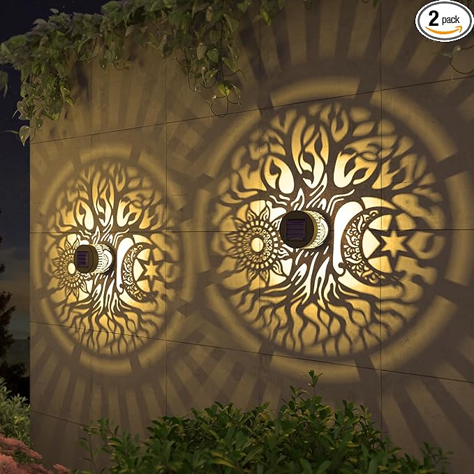 2 Pack Solar Fence Lights Metal Solar Powered Outdoor Wall Deck Step Lights Tree Theme Waterproof Fence Light for Garden Post Patio Backyard Yard Decor (Tree, 2 Pack)-HomvellaHome