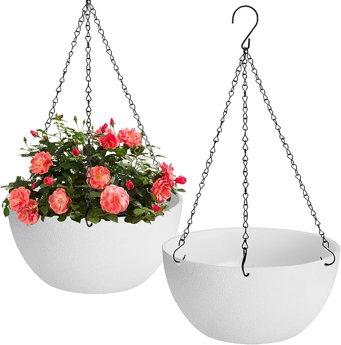 12 inch Hanging Planters for Indoor Plants, 2 Pack Planters for Outdoor Plants with Drainage Holes and Chain, Round Plastic Hanging Baskets, Hanging Flower Pots for Balcony Garden Decor-White-HomvellaHome