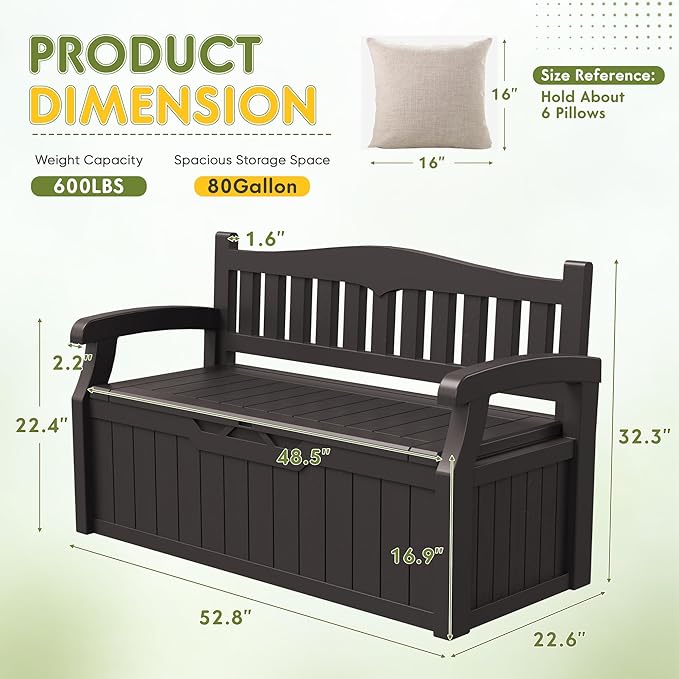 Greesum 80 Gallon Storage Bench Outdoor Deck Box with Armrest, Patio Furniture,Lockable, Waterproof and UV Resistant, Suitable for Garden, Pool, Brown-HomvellaHome