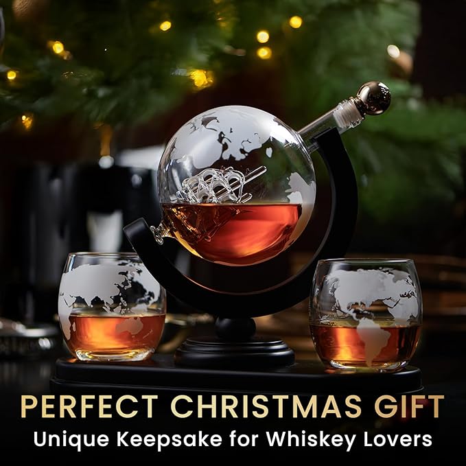 Globe Whiskey Decanter Gift Set by Royal Reserve | Etched World Map Globe Decanter 29 oz 850 ml with Glasses for Bourbon, Liquor – Whiskey Gifts for Men Dad Boyfriend Husband-HomvellaHome
