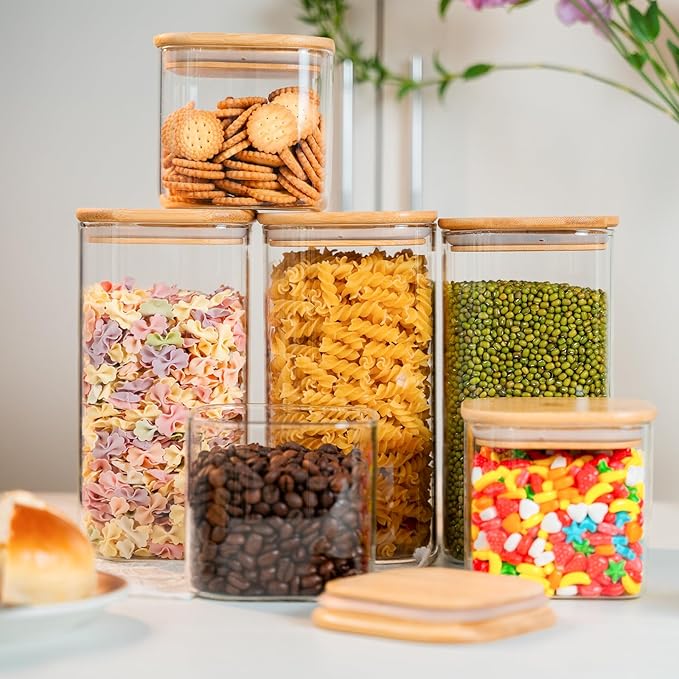Glass Storage Jars 6 Pack -50oz (10cmx20cm)Clear Glass Food Storage Containers with Airtight Bamboo Lid Stackable Kitchen Canisters for Candy,Cookie,Rice,Sugar,Flour,Pasta,Nuts and Spice Jars(Square)-HomvellaHome
