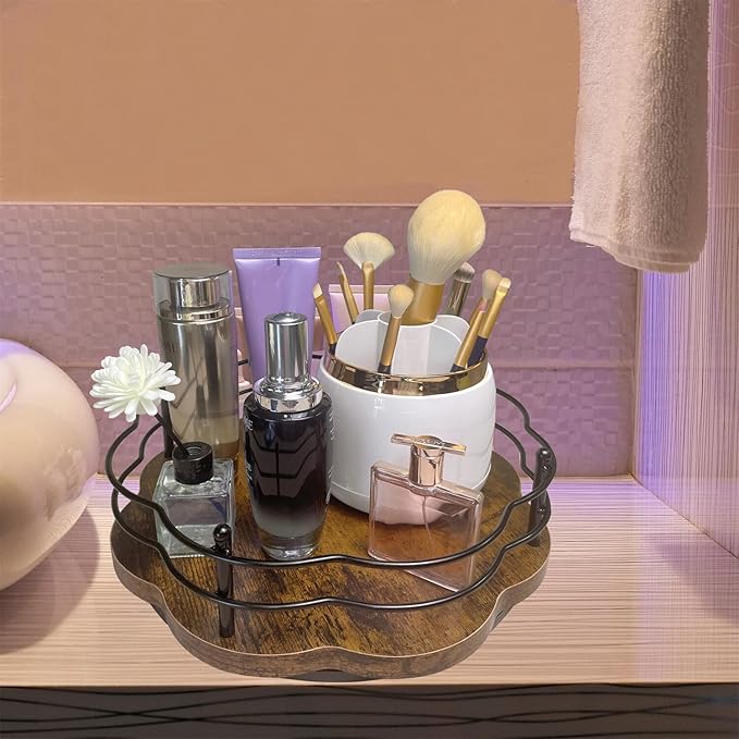 12" Lazy Susan Turntable Organizer with Higher Metal Sides, Wooden Lazy Susan Spice Rack Organization and Storage for Cabinet,Kitchen,Countertop,Table Top,Dining Table,Coffee Bar Decor-HomvellaHome