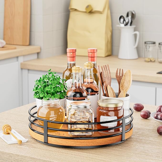 10" Lazy Susan Turntable Organizer - Wood Round Lazy Susan for Cabinet Kitchen Countertop Dining Table Pantry Cupboard Bathroom Coffee Bar Storage Home Decor-HomvellaHome