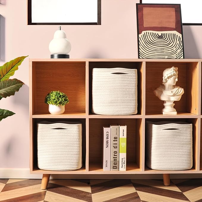 11 Inch Cube Storage Bins, Organizer Bins, Woven Cotton Rope Baskets for Storage, Storage Baskets for Organizing Shelves, White Basket for Toys, Off White (Pack of 3)-HomvellaHome