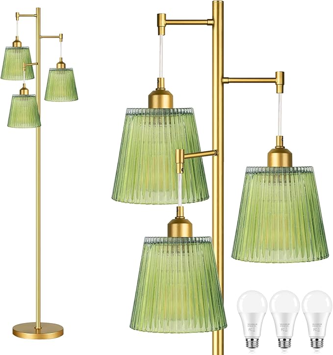 Gold Floor Lamp for Living Room,Bedroom,Mid Century Modern Standing Lamp Brass Tree 3 Light Tall Floor Lamps Vintage Retro Floor Lights Glass Green Flower Lamp Shade Farmhouse Boho Bohemian-HomvellaHome