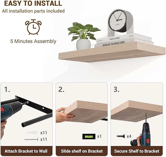 16 Inch Floating Shelves, 3D Textured Wood Grain, 16"x9.25"x1.5" Inch Deep Floating Shelves for Wall, Wooden Shelves for Bathroom, Bedroom, Living Room, Vintage White Oak-HomvellaHome