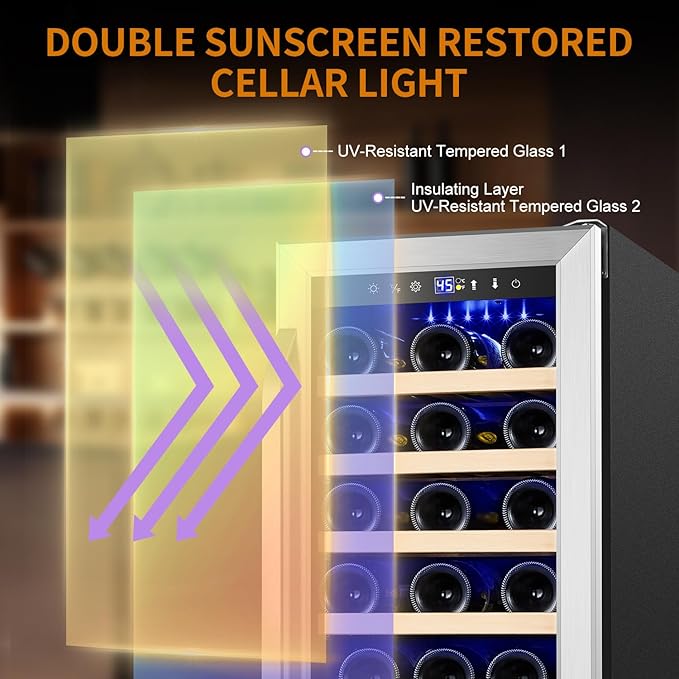 15 Inch Wine Fridge 32 Bottles Wine Cooler Refrigerator Undercounter Wine Fridge with Glass Door, LED Light, Removable Wooden Shelves, Built-in or Freestanding Wine Refrigerator for Home Office Bar-HomvellaHome