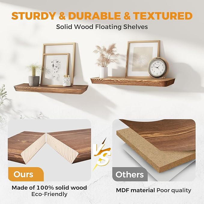 16"x6.8"x1.6" Slanted Floating Wall Shelves 2-Pack - Rustic Brown Finish, Heavy-Duty Solid Wood Design with Hidden Brackets - Perfect for Living Room, Kitchen, Bathroom, or Office-HomvellaHome